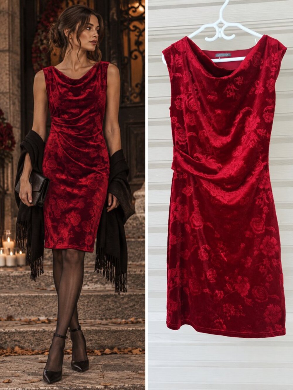 Suzy Shier Red Velour Floral Burnout Sheath Dress Cowl Neck Dark Romance M